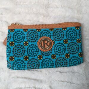 Kenneth Cole 6 1/2 Inch Aqua Blue‎ And Tan Geometric Pattern Zip Up Change Purse